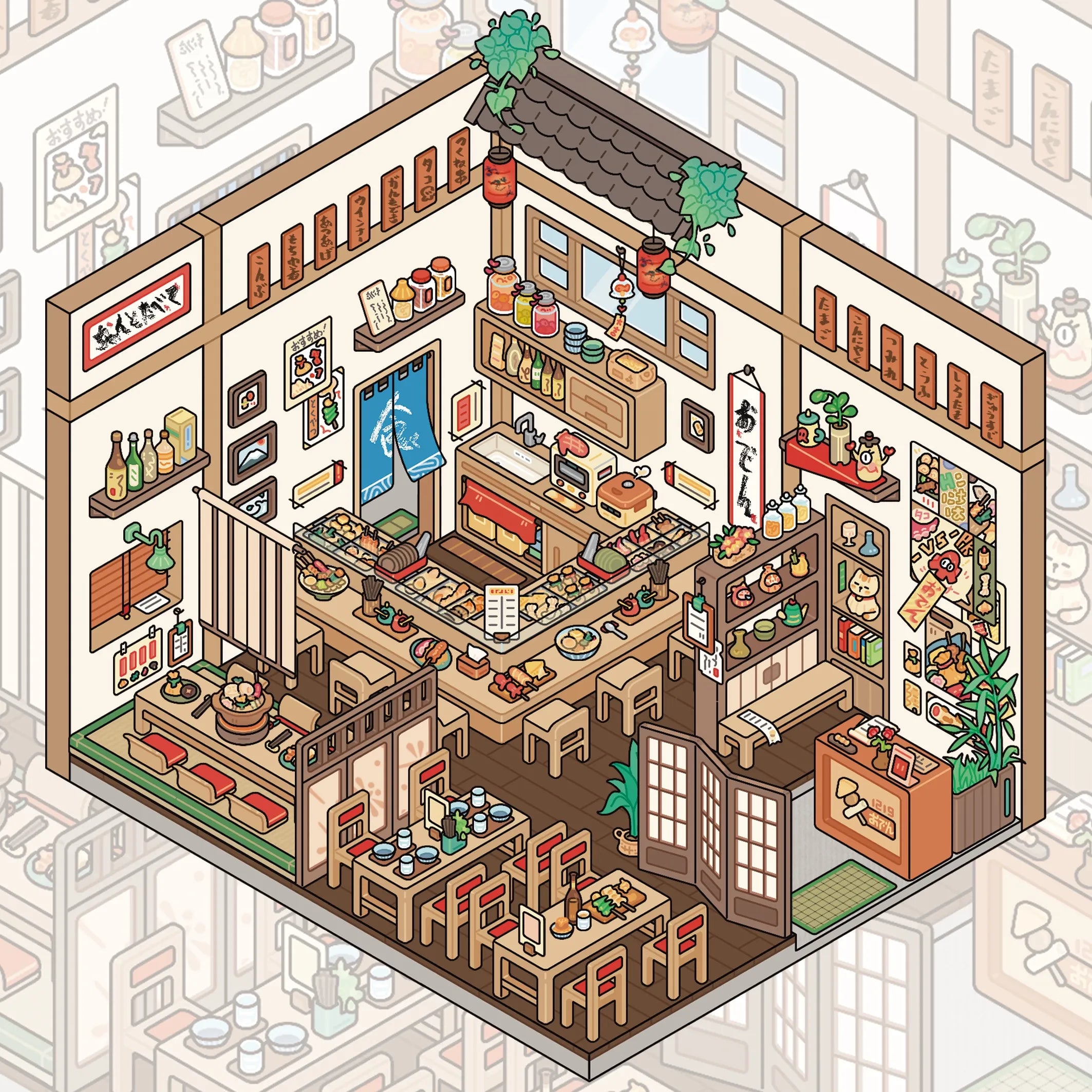 Night Oden Stall Shop Scene Stickers